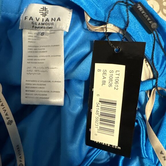 Faviana 8 Long Formal Prom Corset Gown Low Back Train 10826 Sea Blue NEW $328 - Picture 10 of 10